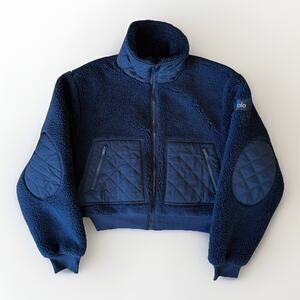 Alo Yoga Sherpa Edge Bomber Jacket Women's Small Blue Full Zip Glam Cozy Winter